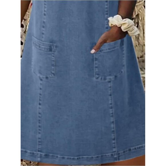 Women Denim Dress Short Sleeve Midi A-line Casual Summer Shift - Picture 4 of 5